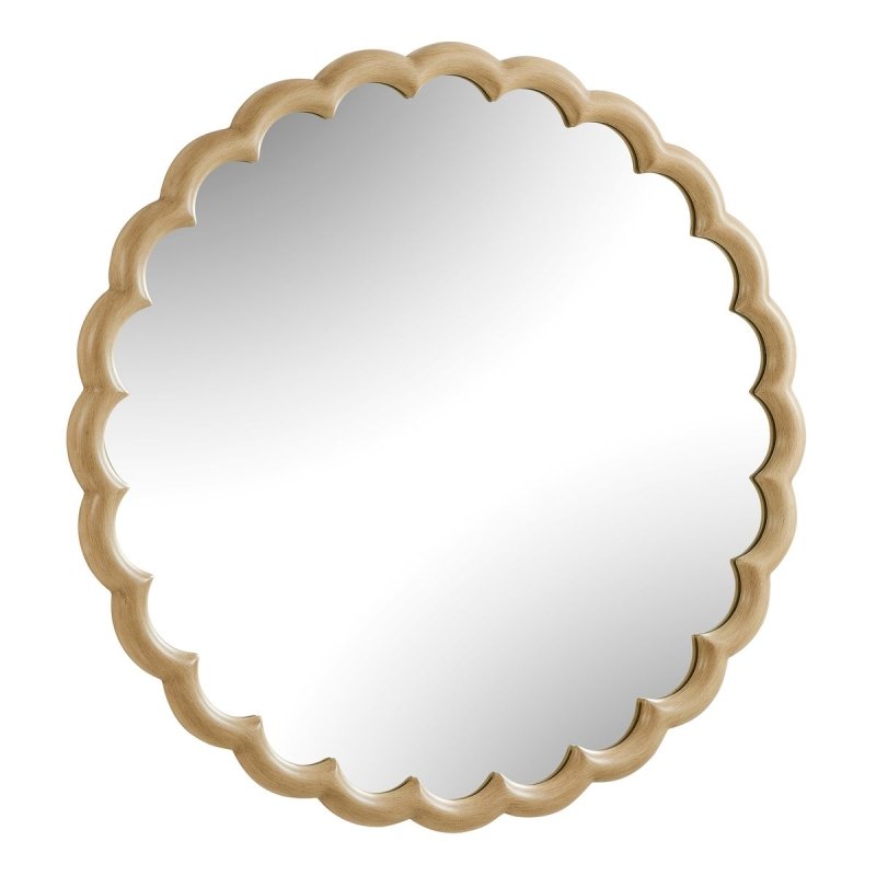 Detail view of the additional solid wood detail on the Cerrito Burnished Ivory Round Wall Mirror