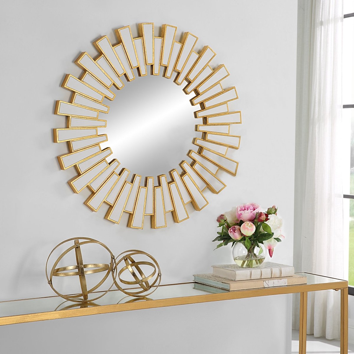 Gold Leaf Sunburst Design Statement Mirror - Uttermost - Round Mirrors by Modest Hut