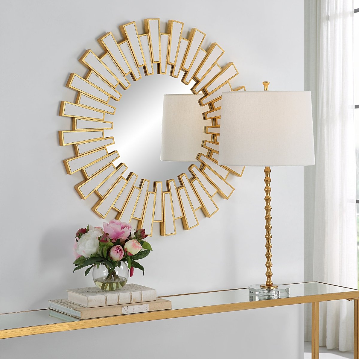 Gold Leaf Sunburst Design Statement Mirror - Uttermost - Round Mirrors by Modest Hut