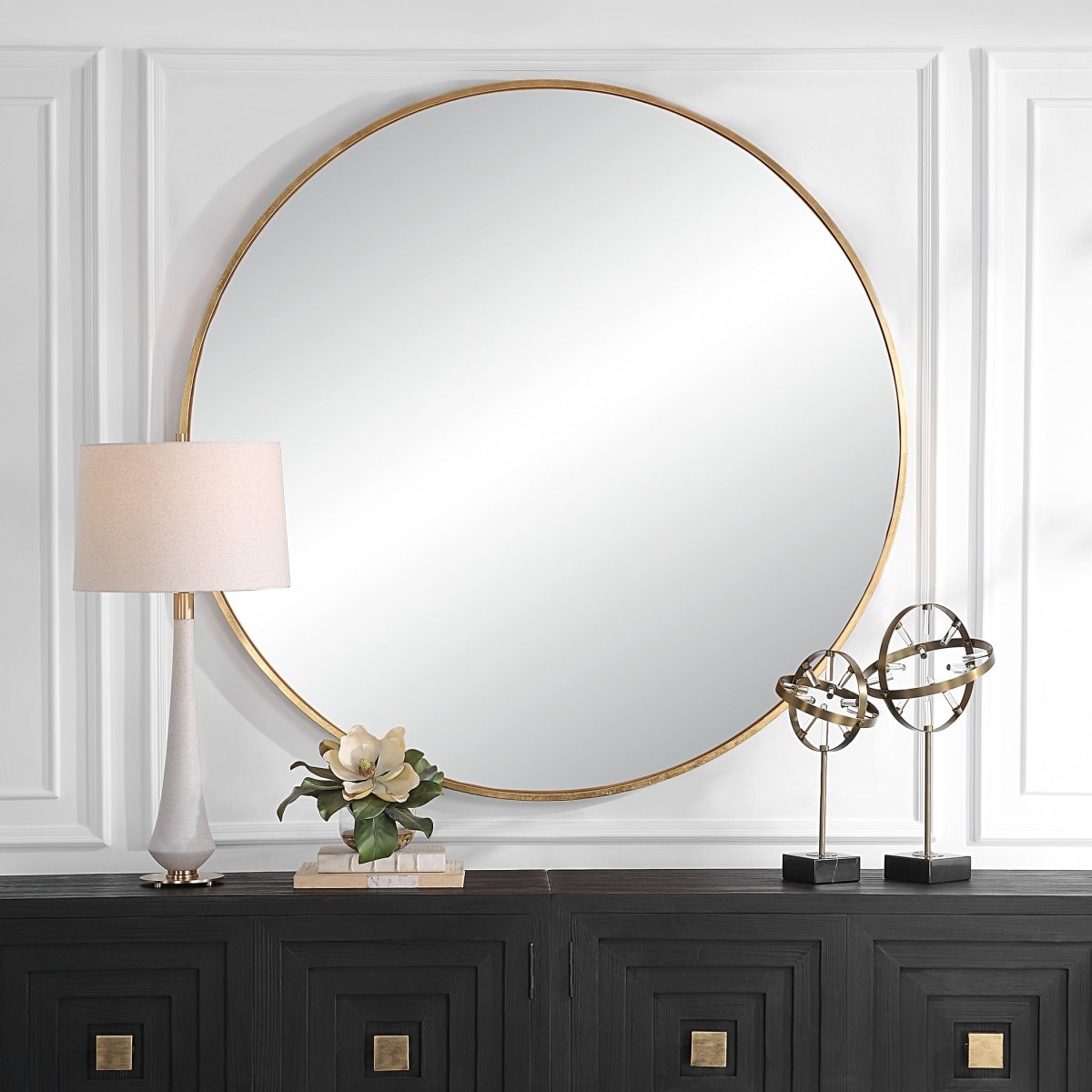 Junius Large Gold Round Mirror above console table