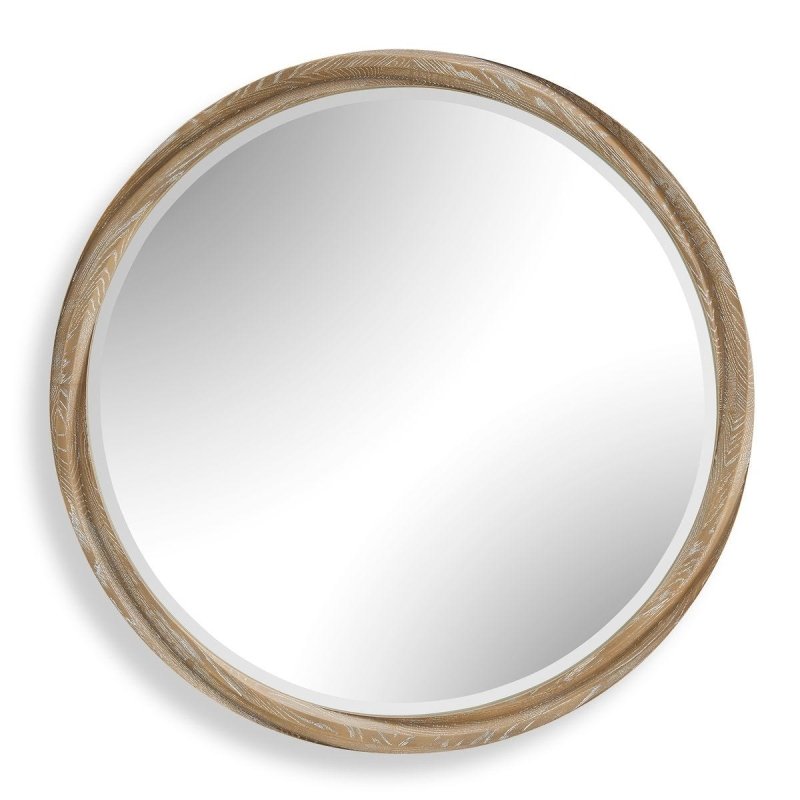 Detail view of the natural cerused light wood finish on the Landry Cerused Wood Round Mirror