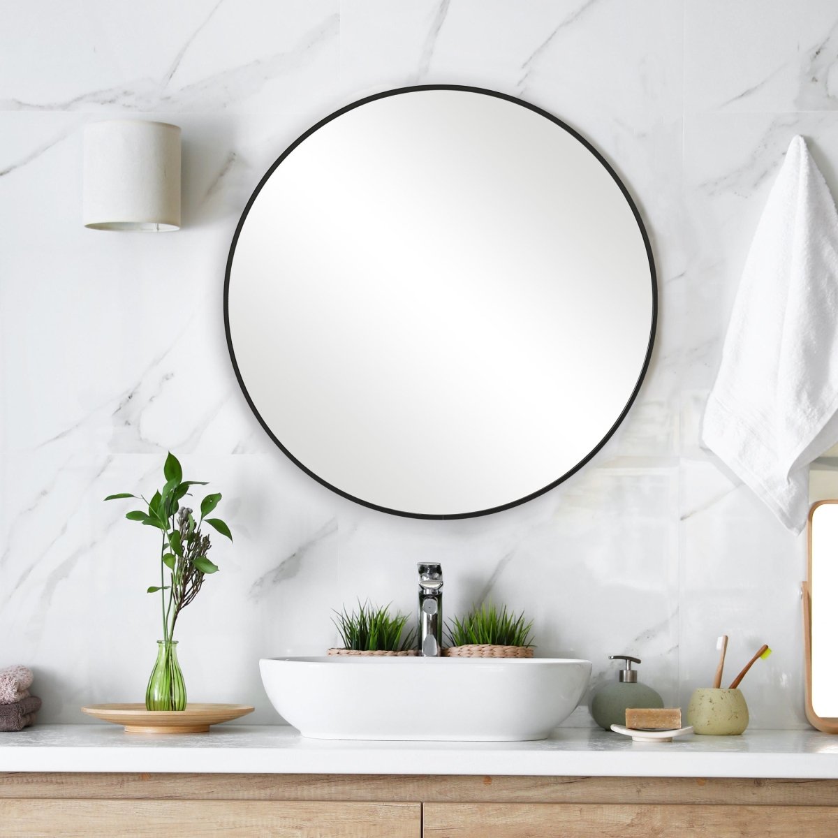 Satin Black Round Aluminum Frame Mirror - Uttermost - Round Mirrors by Modest Hut