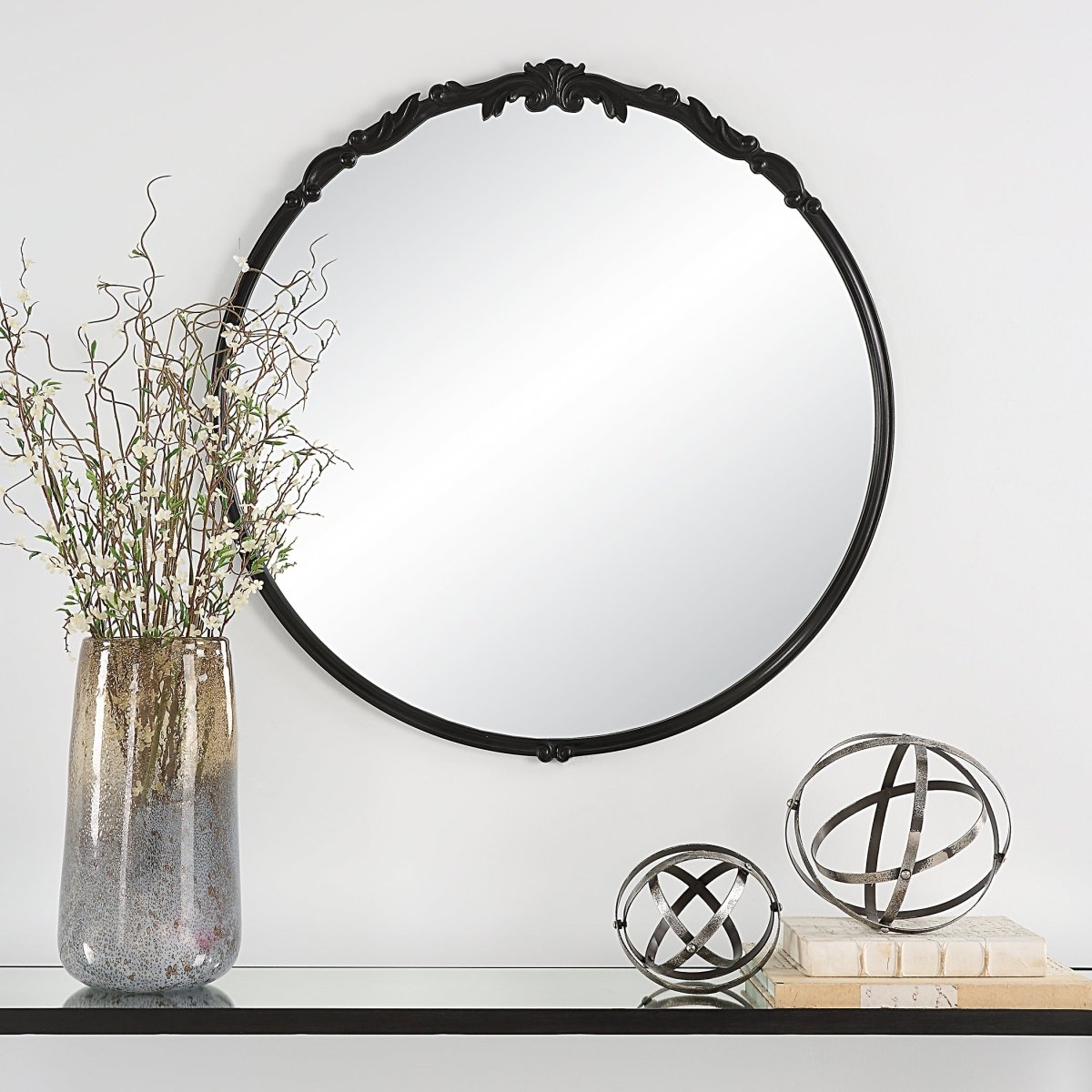 Satin Black Round Mirror with Ornate Details - Uttermost - Round Mirrors by Modest Hut