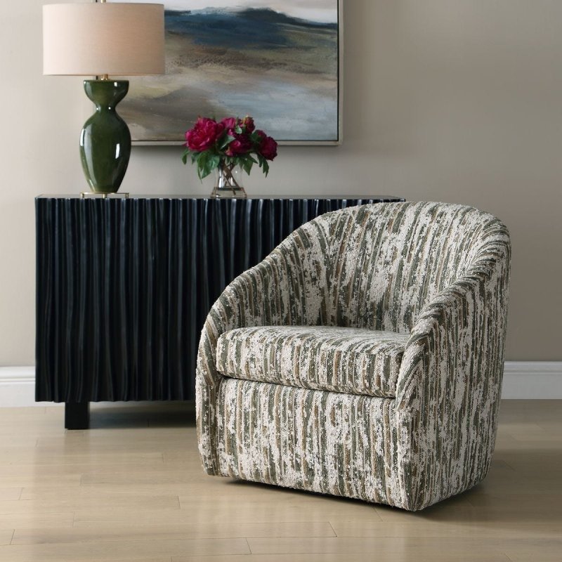 Mari swivel chair styled near a console cabinet