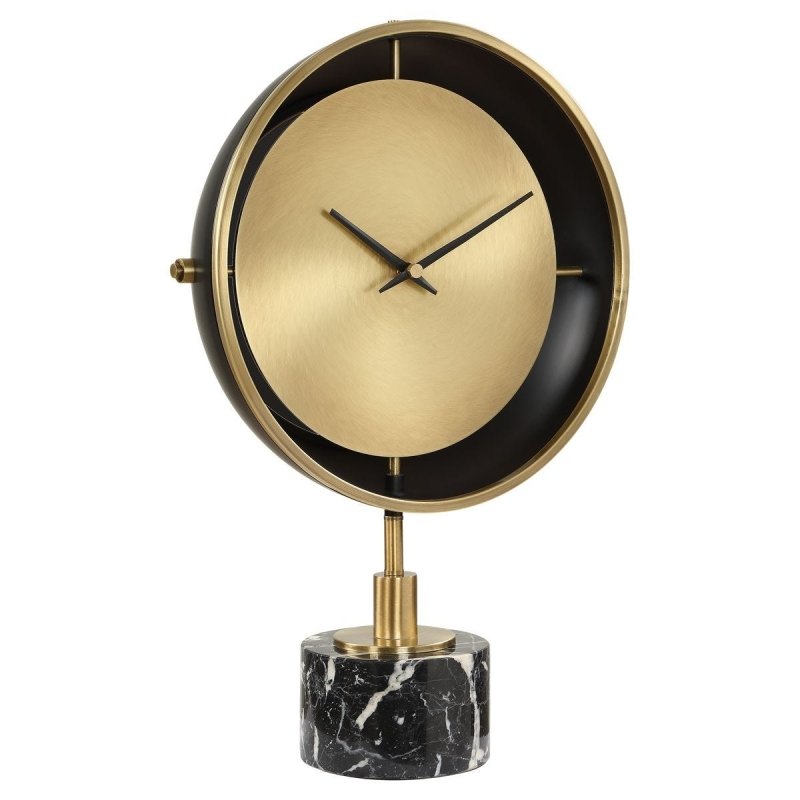 Detail view of brushed-brass clock face on the Velar Brass and Black Marble Table Clock