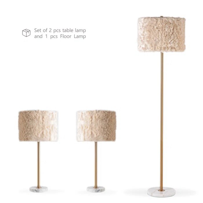 Luxury Marble 61"H Floor - 27"H Table Lamp (Set of 3) w/ Faux Fur Shade w/ LED Bulb - Lamps Factory - Table Lamps by Modest Hut