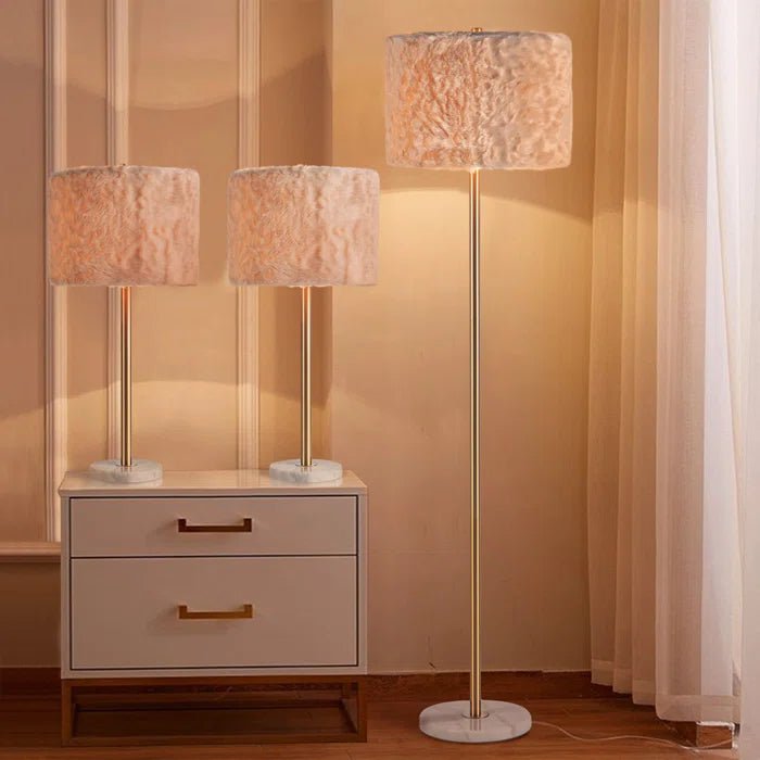 Luxury Marble 61"H Floor - 27"H Table Lamp (Set of 3) w/ Faux Fur Shade w/ LED Bulb - Lamps Factory - Table Lamps by Modest Hut