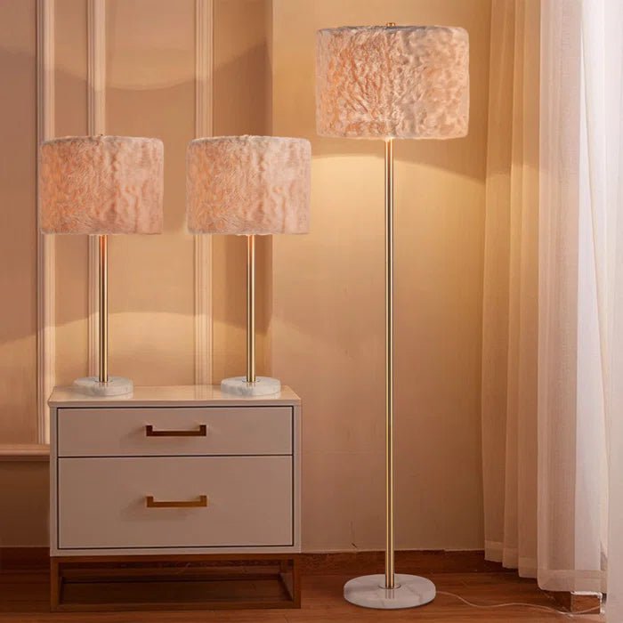 Luxury Marble 61"H Floor -27"H Table Lamp (Set of 3) w/ Faux Fur Shade w/ LED Bulb Uttermost