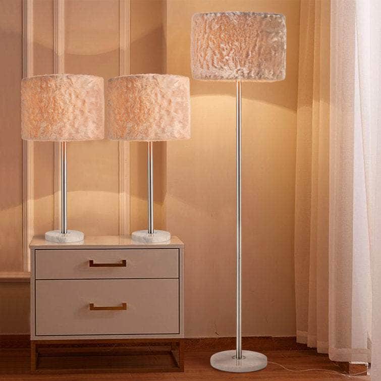 Luxury Marble 61"H Floor -27"H Table Lamp (Set of 3) w/ Faux Fur Shade w/ LED Bulb Uttermost