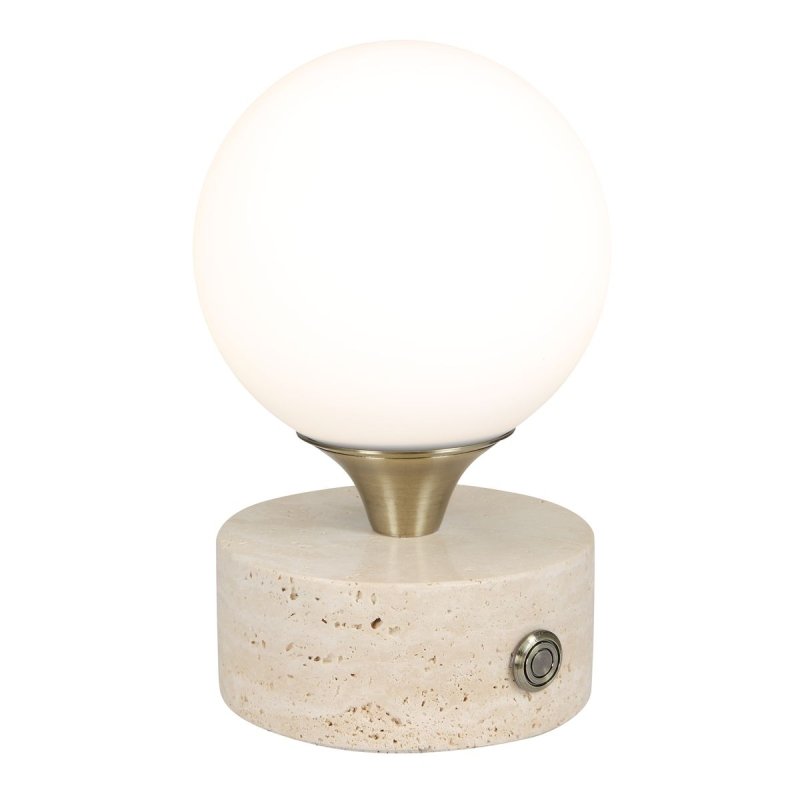 Detail view of the Abril Travertine Rechargeable Accent Lamp finish and construction