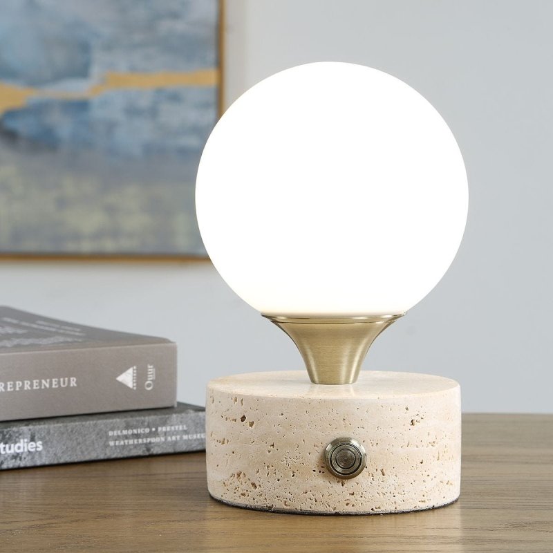Abril Travertine Rechargeable Accent Lamp styled in a styled room setting