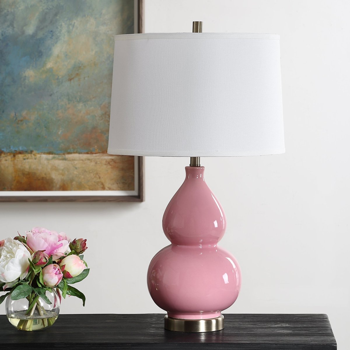 Bubblegum Pink Ceramic Table Lamp with Brass Accents - Uttermost - Table Lamps by Modest Hut