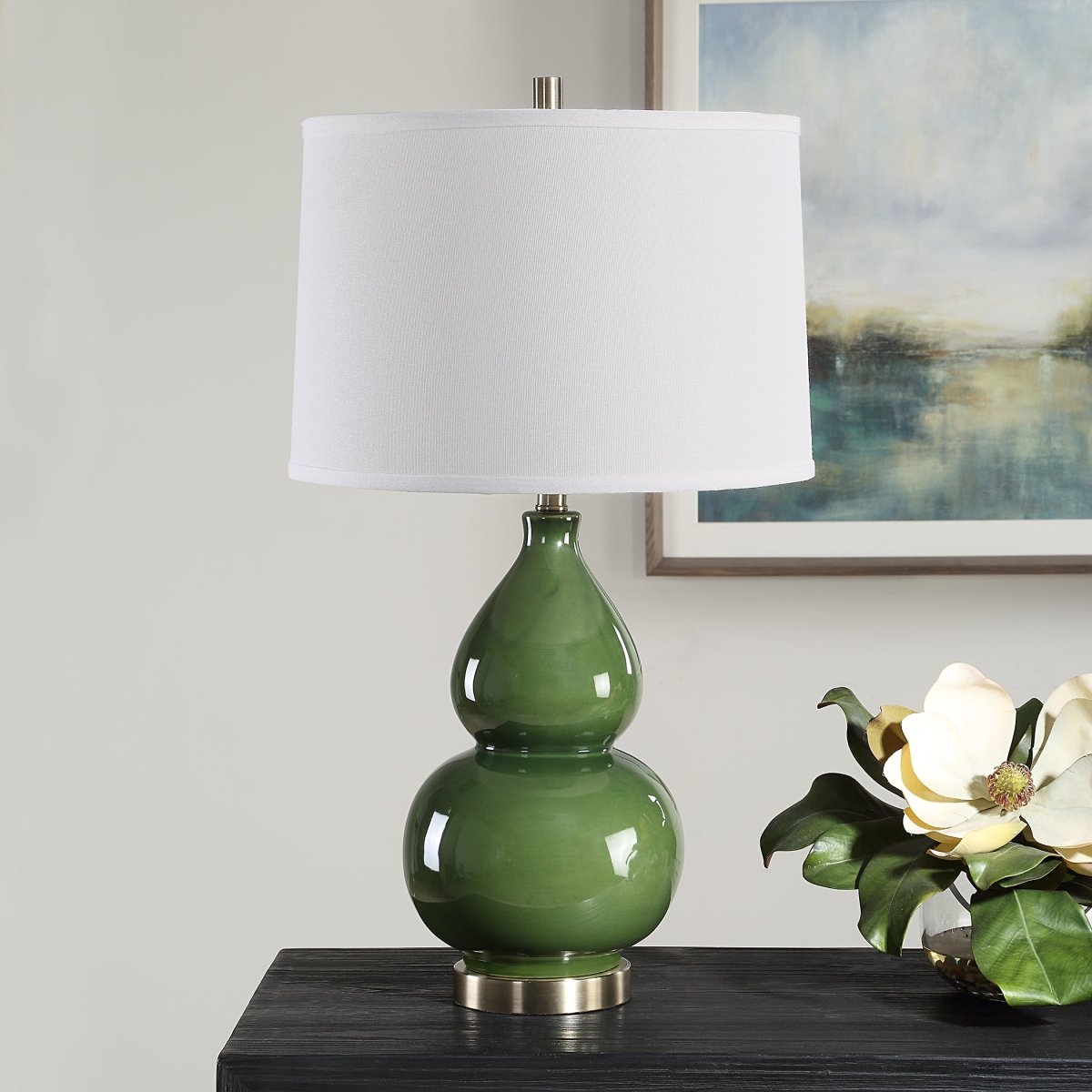 Dark Green Glazed Gourd Table Lamp with Brass Accents - Uttermost - Table Lamps by Modest Hut