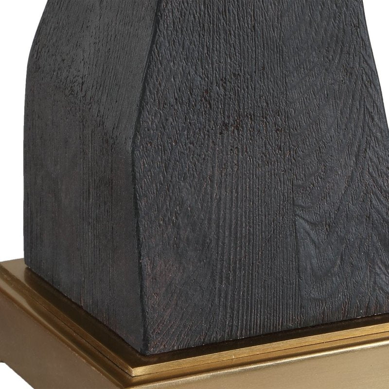 Close-up of architectural base profile on the Demelo Deep Walnut Stacked Table Lamp