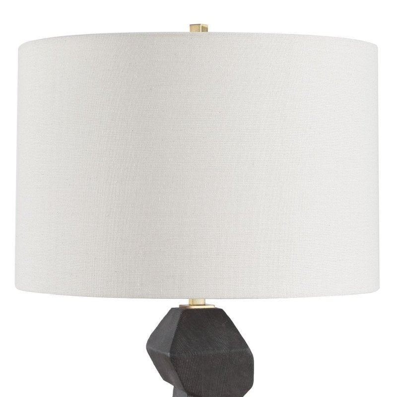 Detail view of white linen drum shade on the Demelo Deep Walnut Stacked Table Lamp