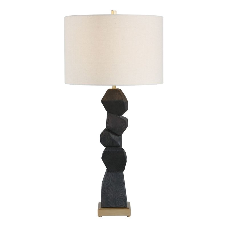 Detail view of antique brass iron detail on the Demelo Deep Walnut Stacked Table Lamp