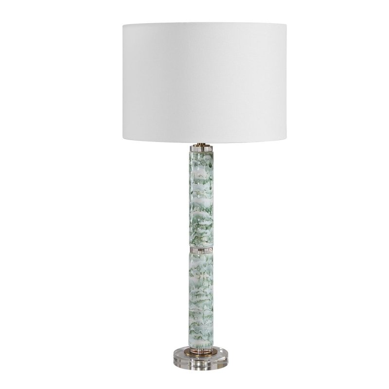 Side profile of the Jameis Blue Green Marbled Ceramic Table Lamp by Uttermost