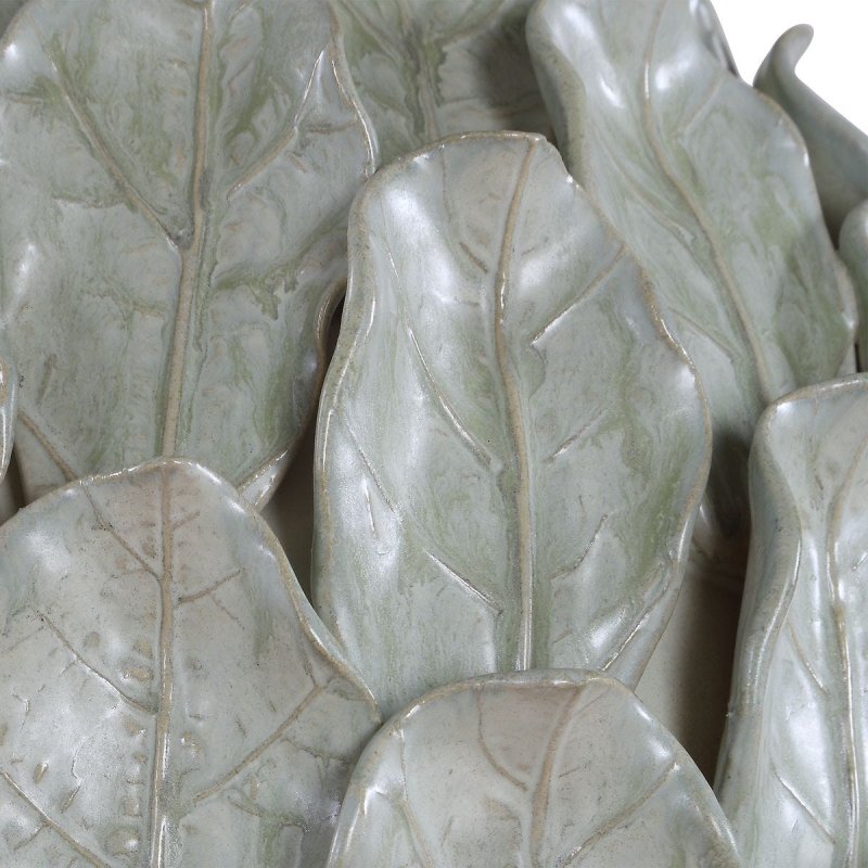 Detail view of sculpted ceramic leaves on the Levlyn Pale Green Leaf Ceramic Table Lamp