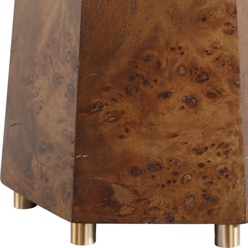 Close-up of antique brass accents on the McCaffrey Burl Wood Table Lamp