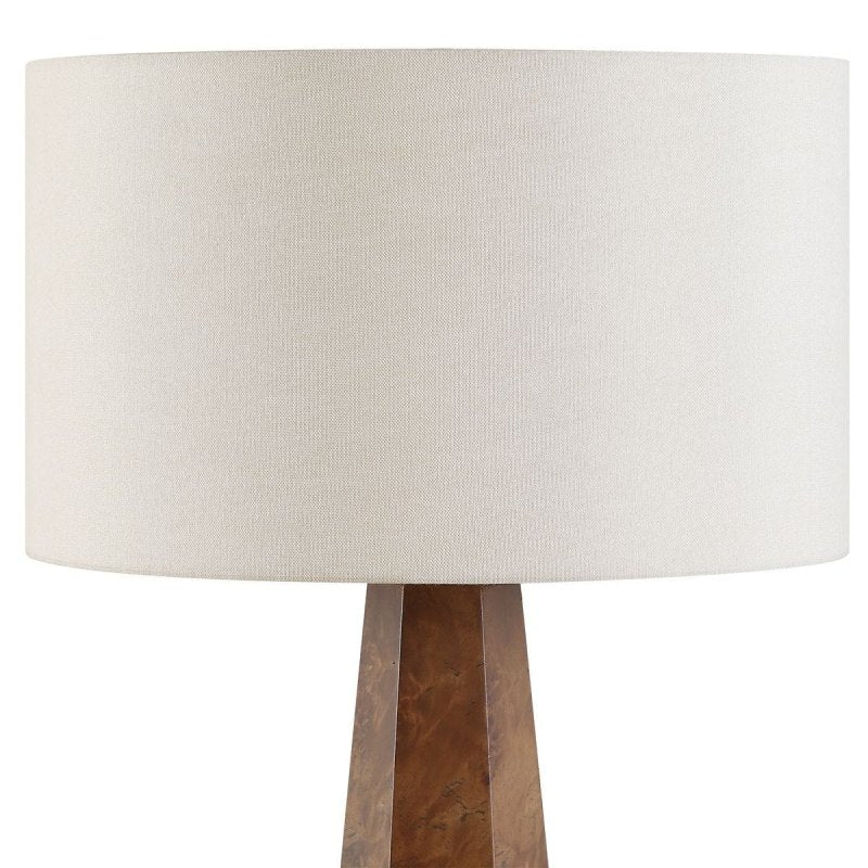 Detail view of burl veneer body on the McCaffrey Burl Wood Table Lamp
