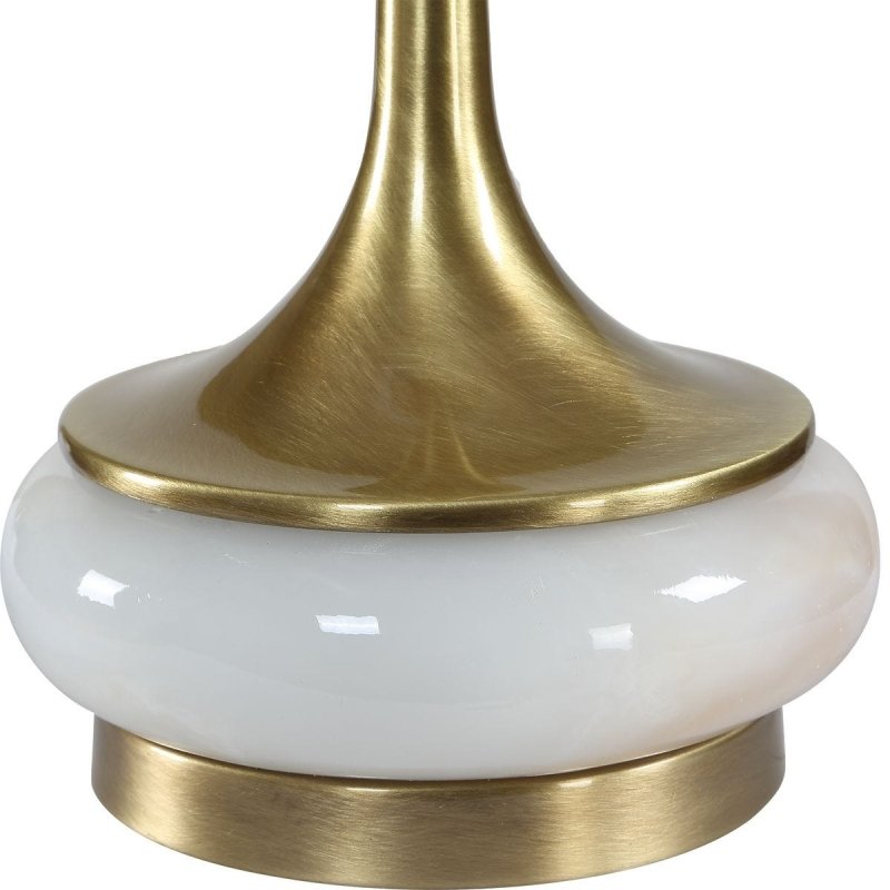 Detail view of antique-brass stem on the Molena Antique Brass and Pearly Stone Table Lamp