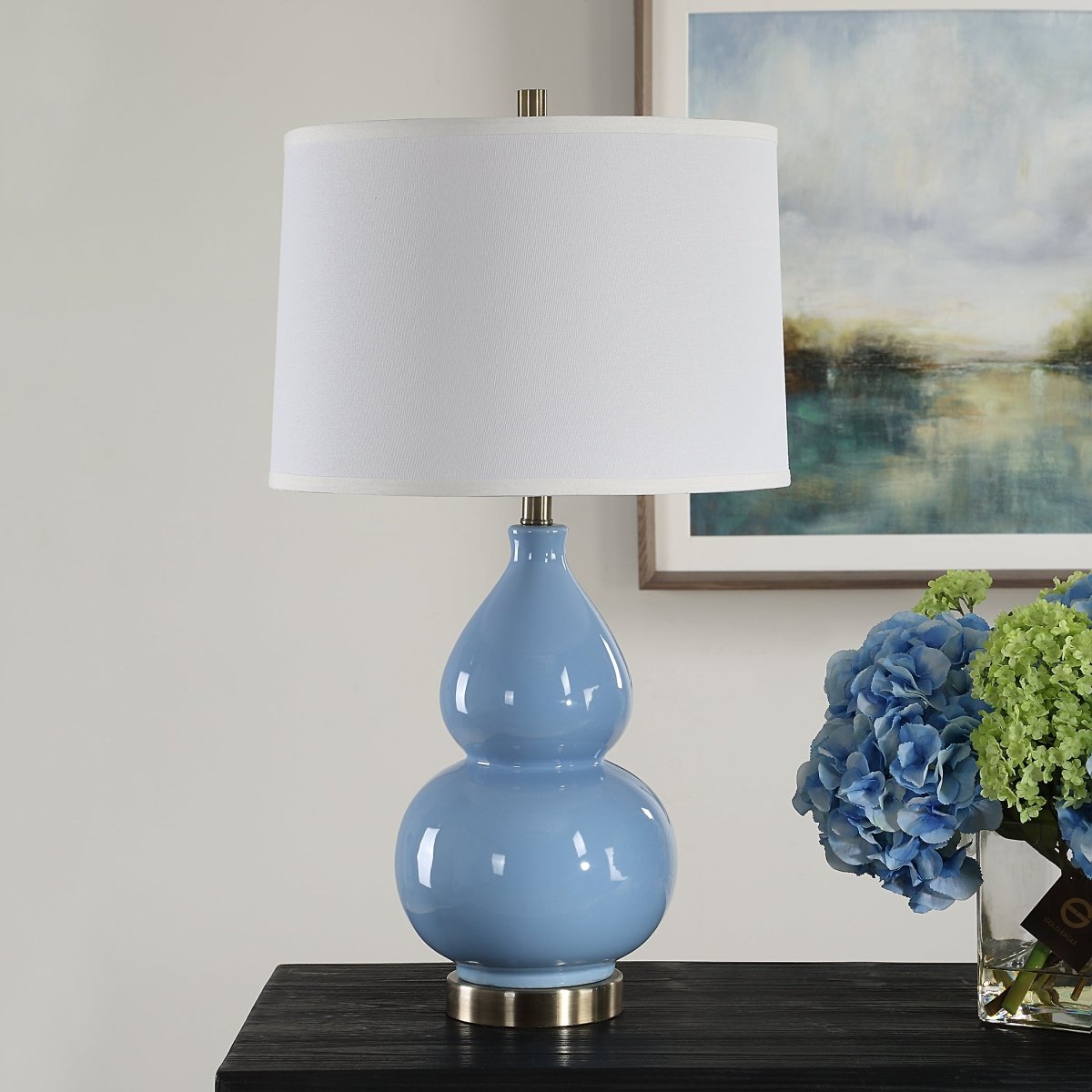 Powder Blue Gourd Table Lamp with Brass Accents - Uttermost - Table Lamps by Modest Hut