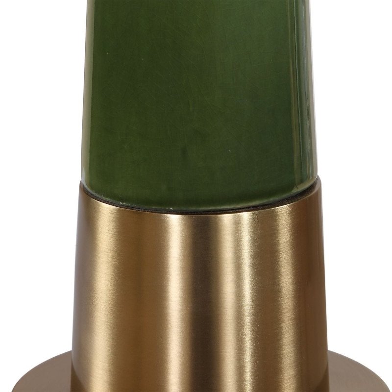 Detail view of antique brass pedestal on the Riccardi Moss Green Ceramic Table Lamp