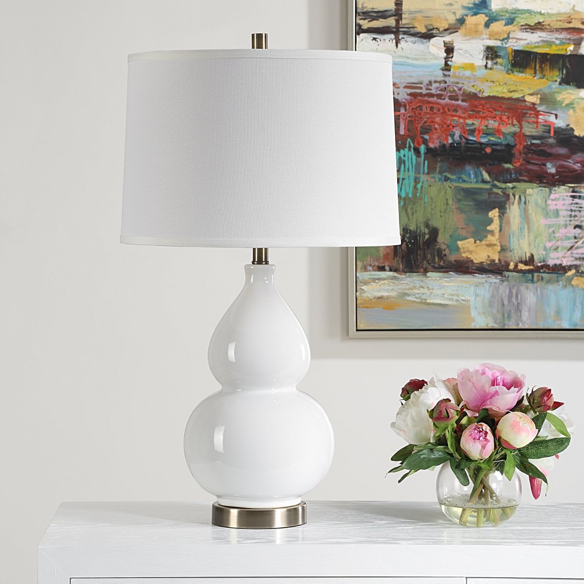 White Gourd Ceramic Table Lamp with Brass Accents - Uttermost - Table Lamps by Modest Hut