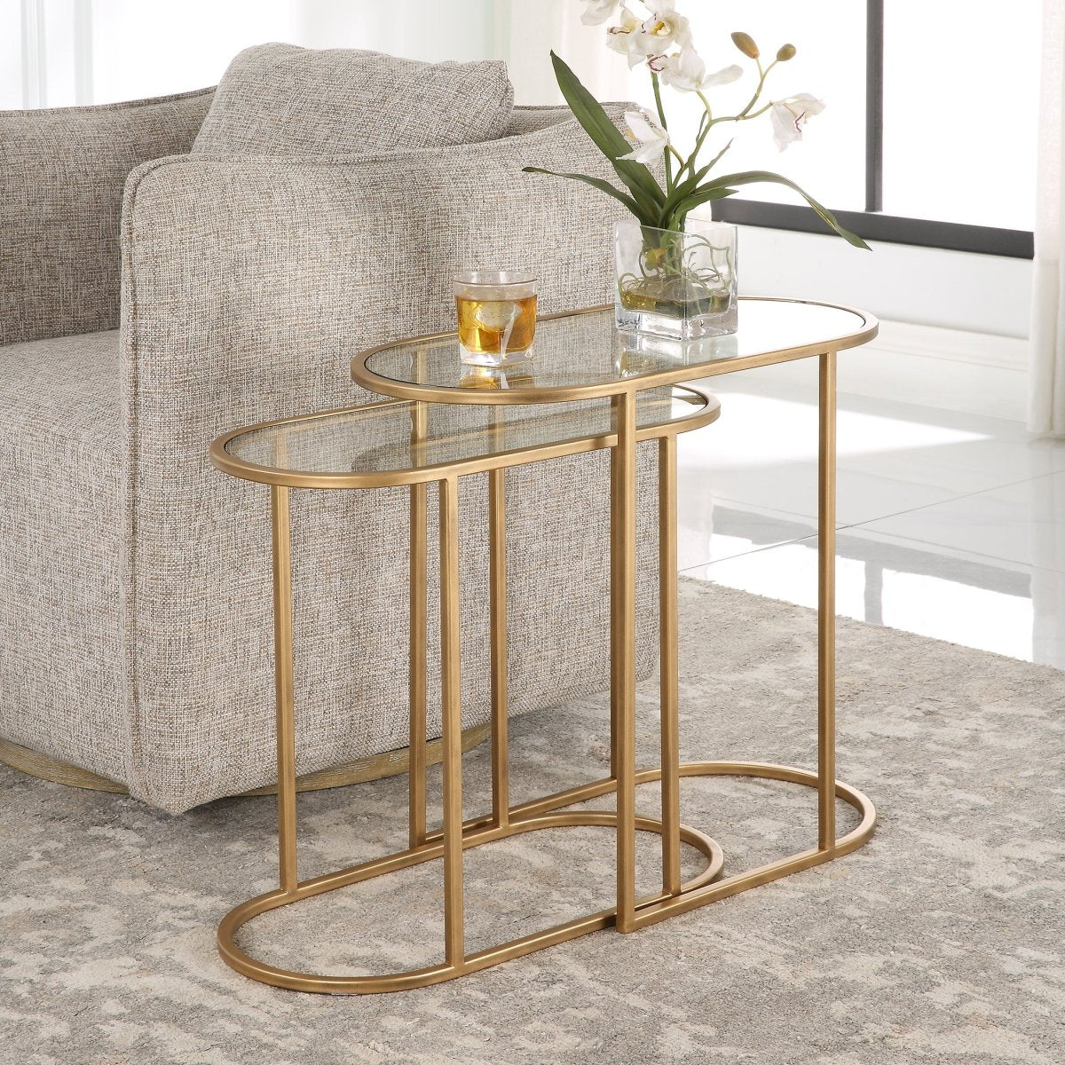 Antique Brushed Brass Oval Nesting Tables with Glass Tops - Uttermost - Tables by Modest Hut