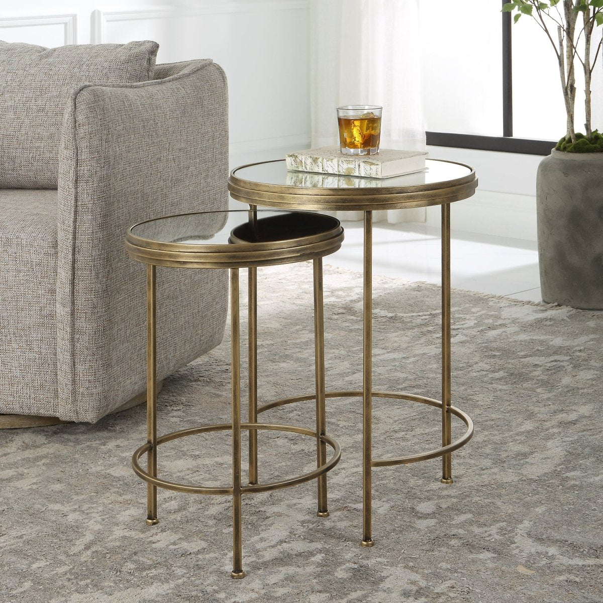 Antique Brushed Gold Iron Nesting Tables with Mirror Tops - Uttermost - Tables by Modest Hut