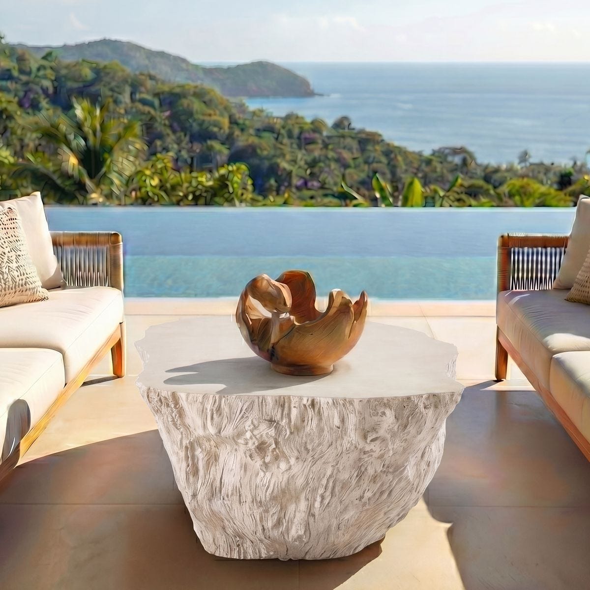 Arbor Crest Teak Indoor-Outdoor Decorative Bowl styled in an outdoor setting