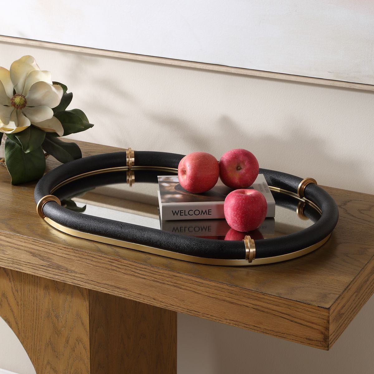 Cyprus Black Faux Shagreen Oval Tray styled in a room setting