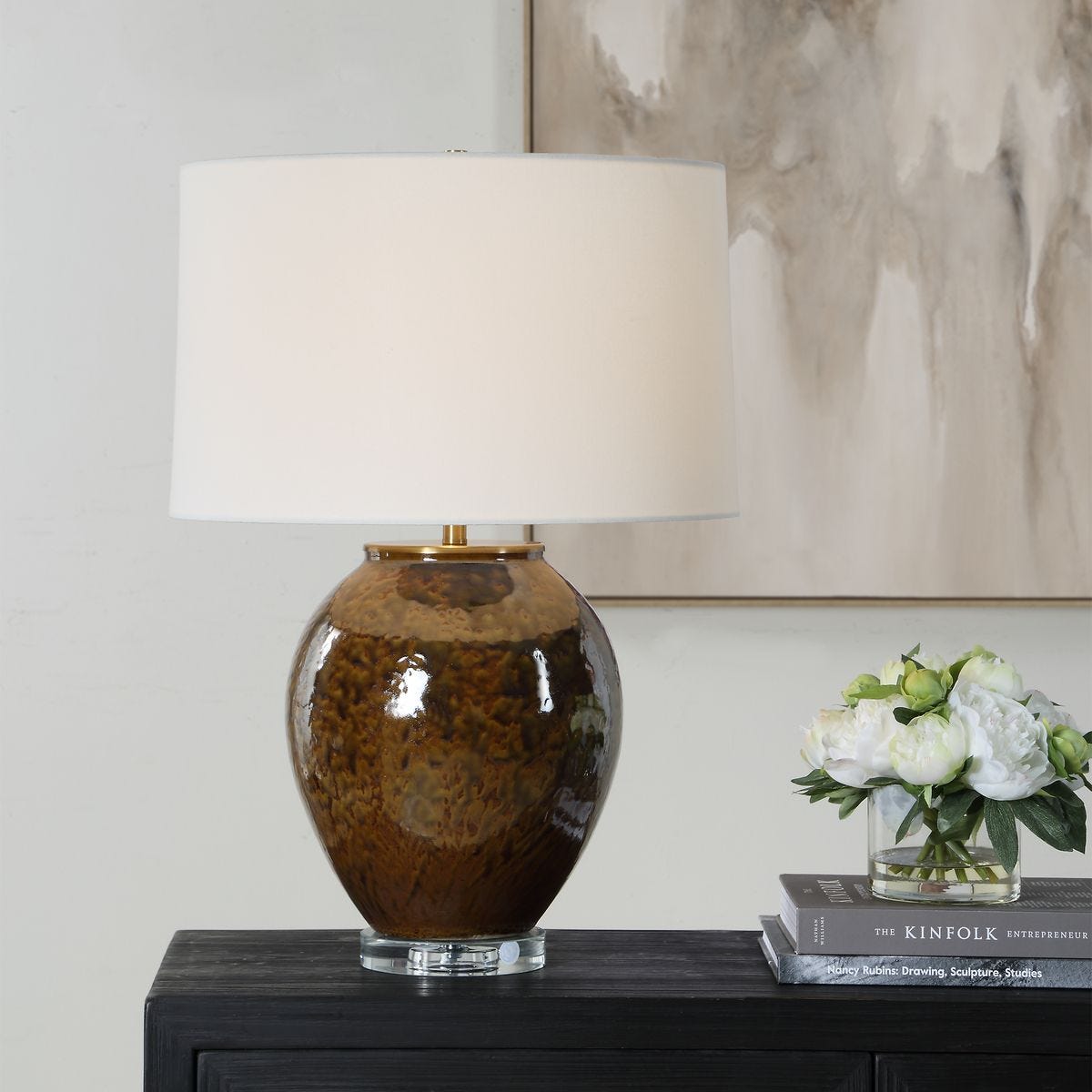Rye Rust Brown and Green Ceramic Table Lamp styled in a room setting