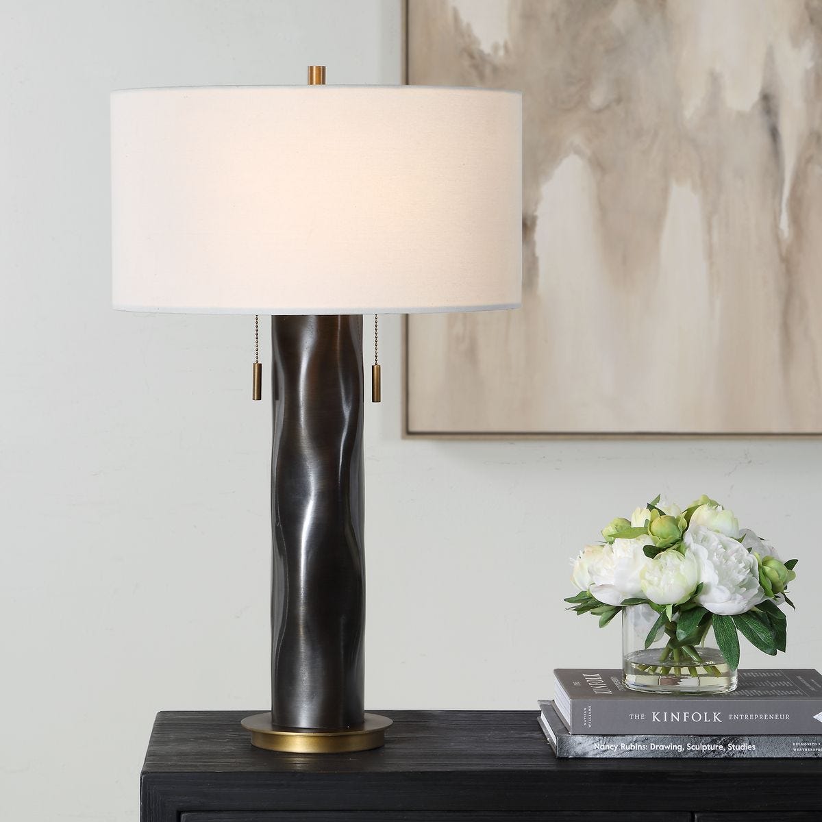 Carmine Dark Bronze Aluminum Table Lamp styled in a room setting