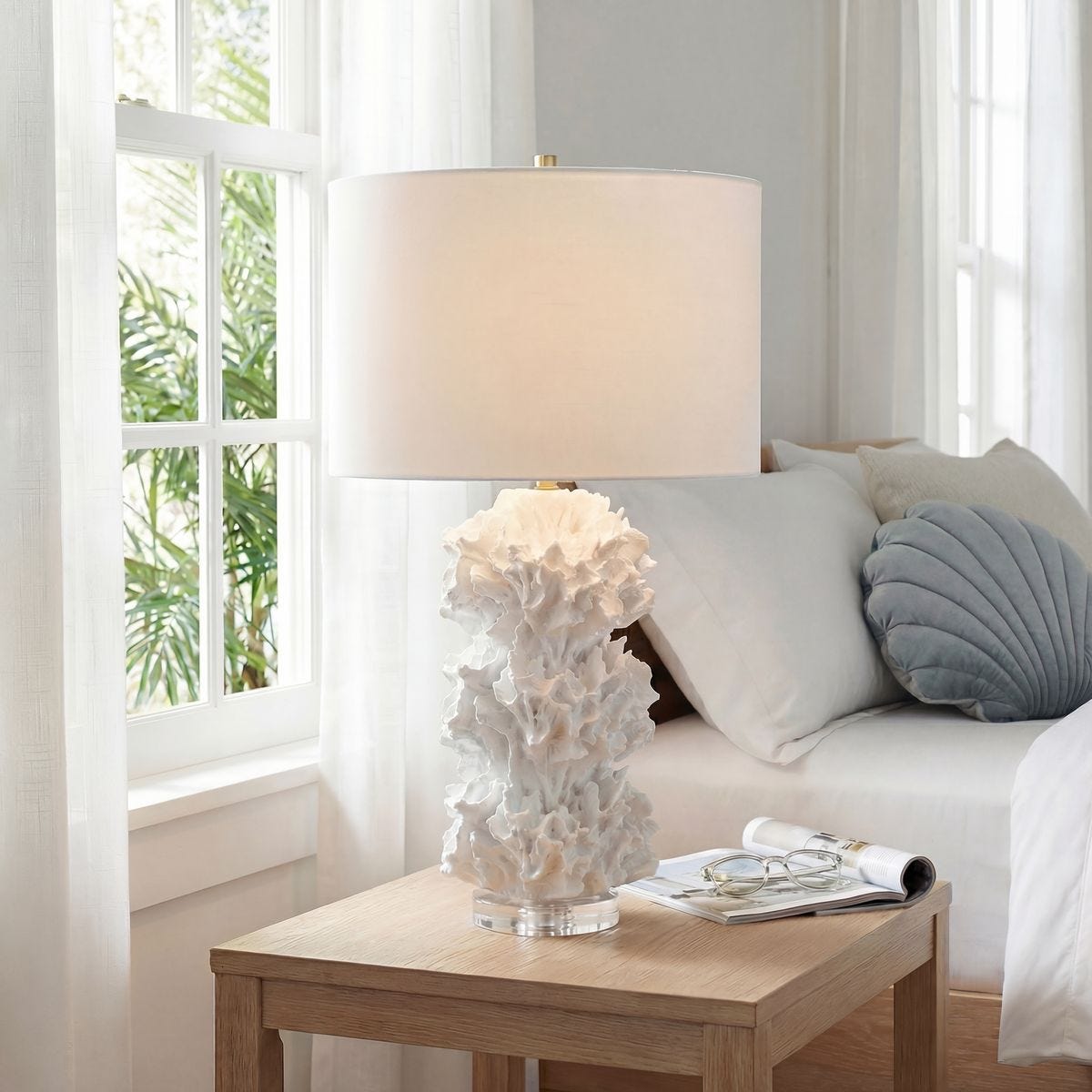 Cambre White Coral Texture Table Lamp styled in a room setting