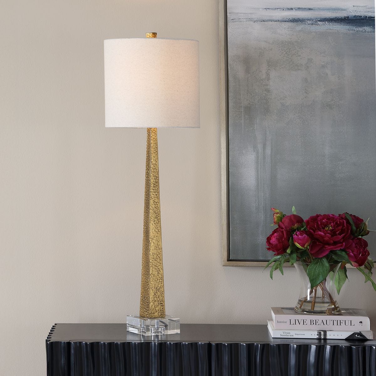 Midas Gold Iron Buffet Lamp styled in a room setting