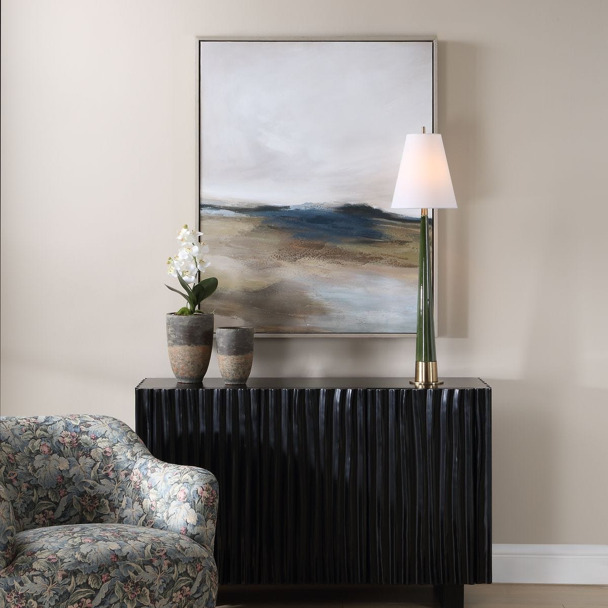Prairie's Edge Framed Landscape Canvas styled in a room setting