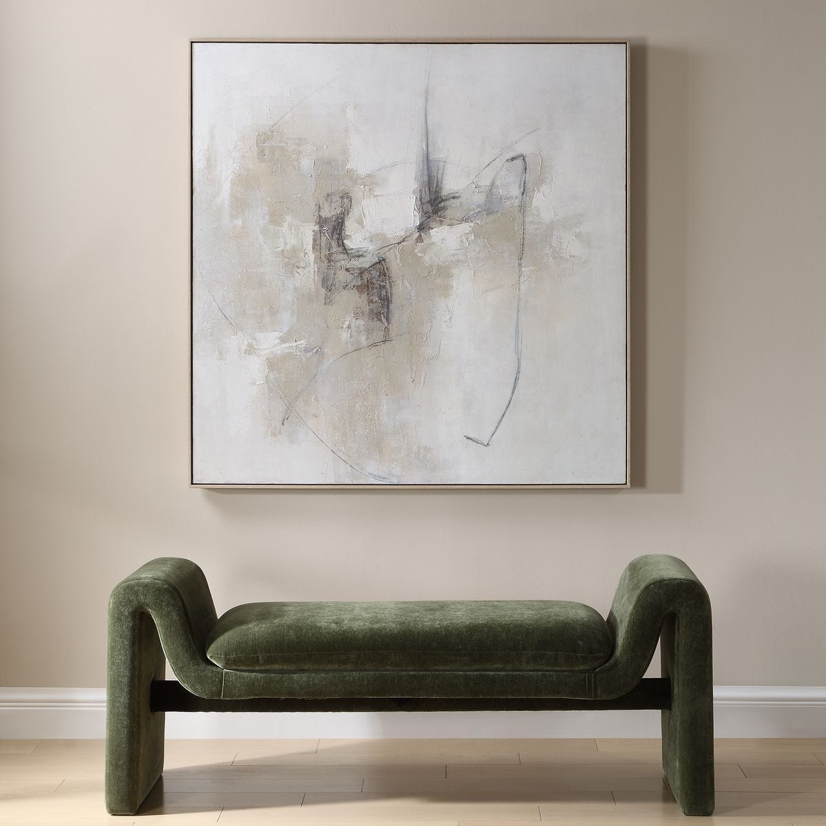 Still Crossing Abstract Framed Canvas styled in a room setting