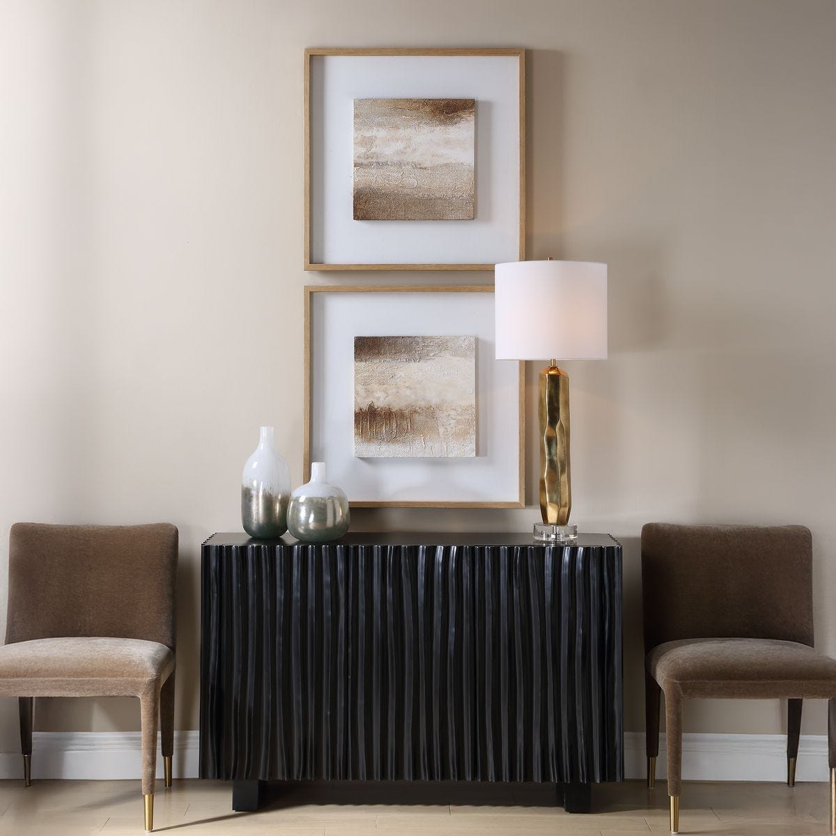 Between Lines Neutral Hand Painted Canvas Set styled in a room setting