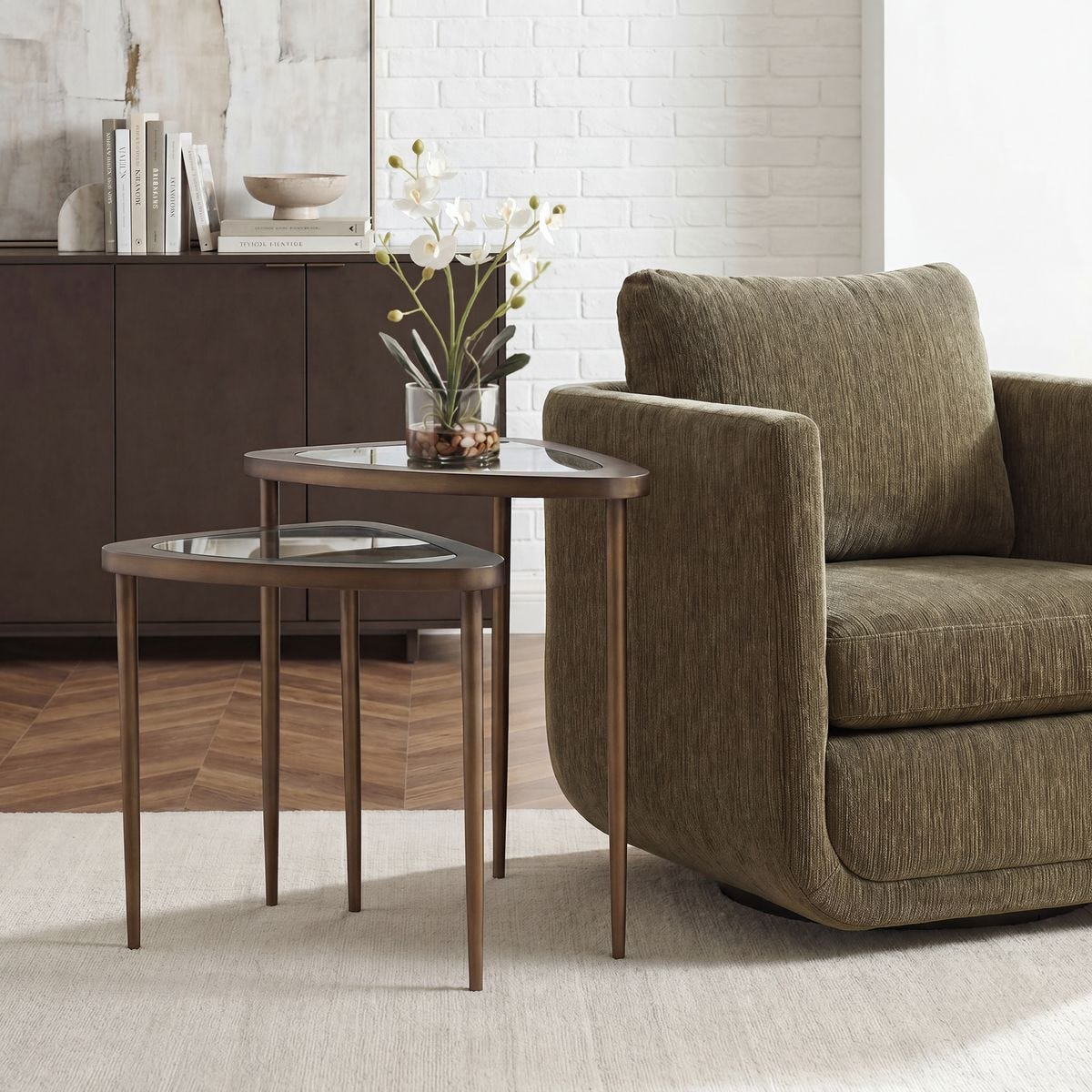 Close-up of the Millar Brass Glass Nesting Accent Tables S/2 material and finish