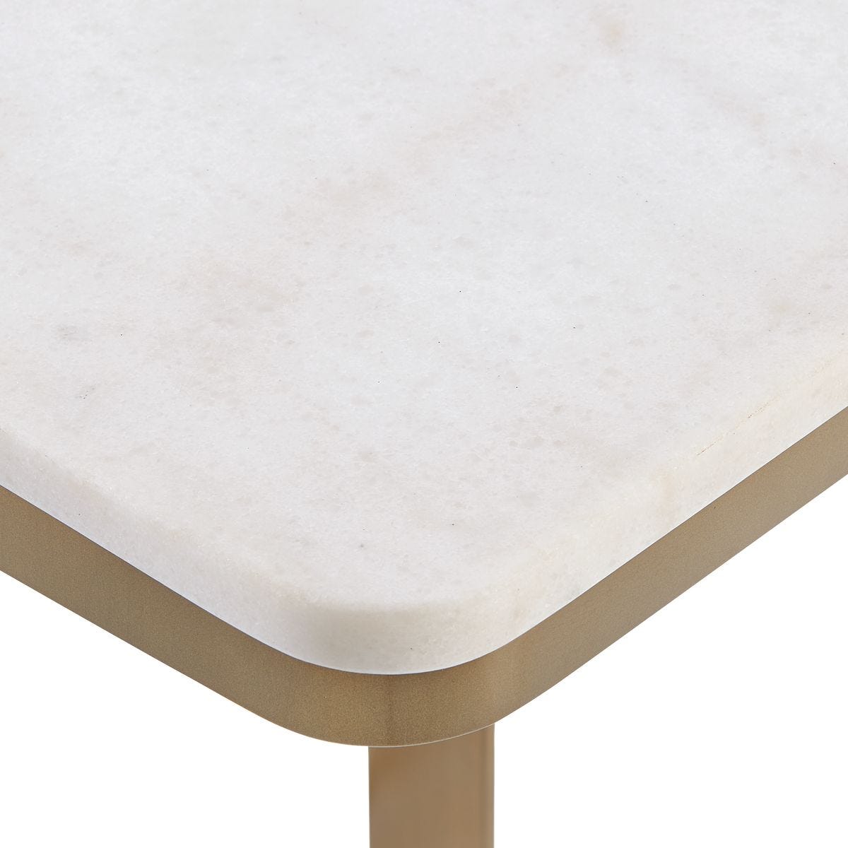 Additional detail view of the Tylan Brass and White Marble Accent Table