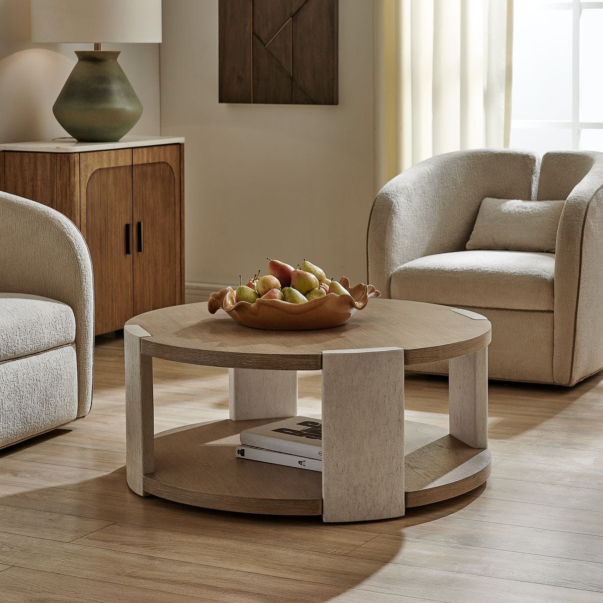 Maulet Oak Round Coffee Table styled in a room setting