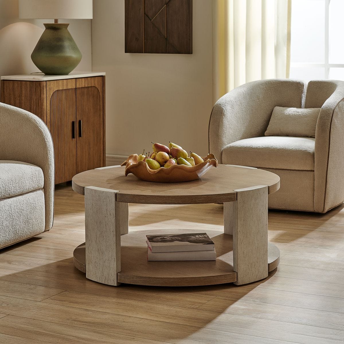 Alternate angle of the Maulet Oak Round Coffee Table by Uttermost