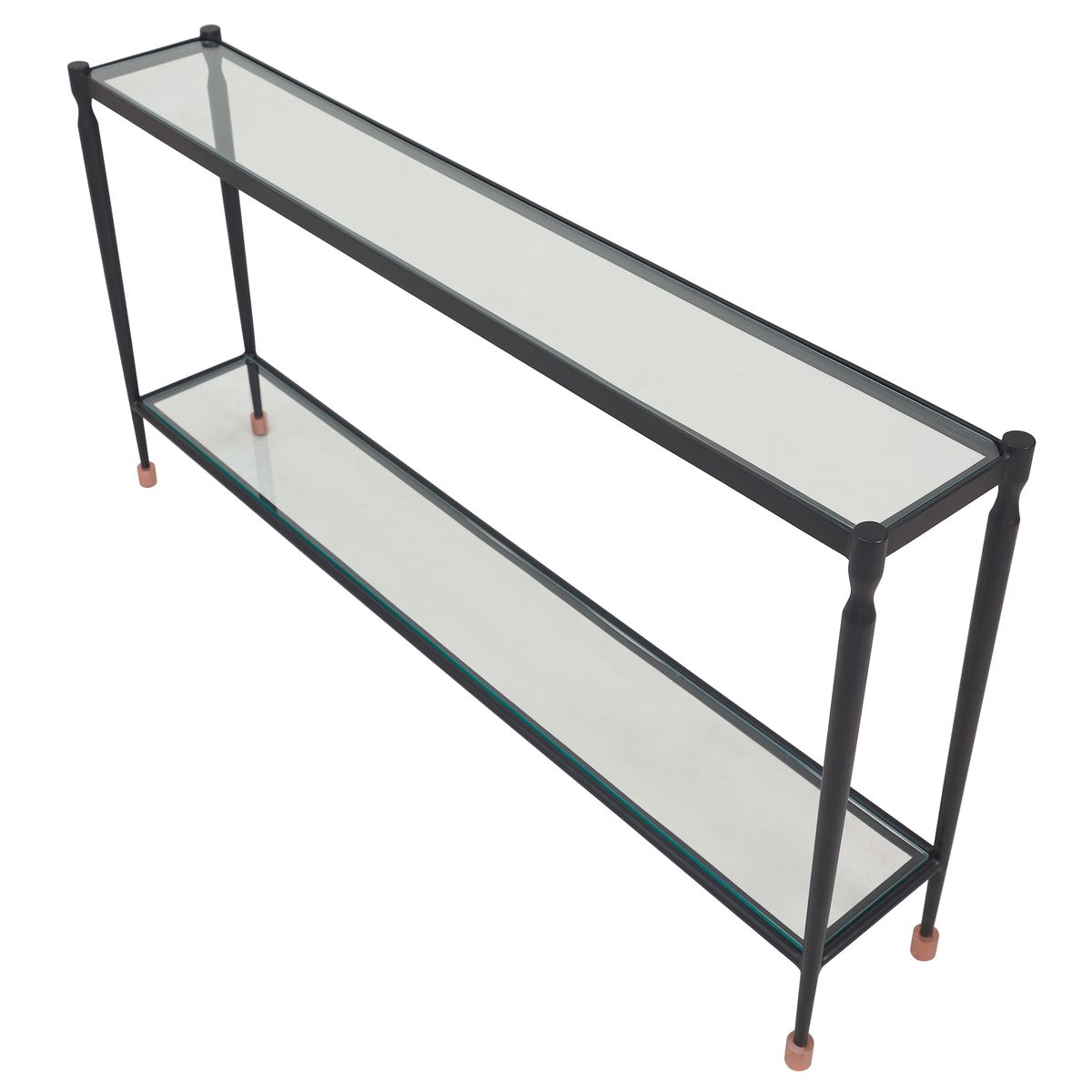 Side view of the Javana Black Iron and Glass Console Table by Uttermost