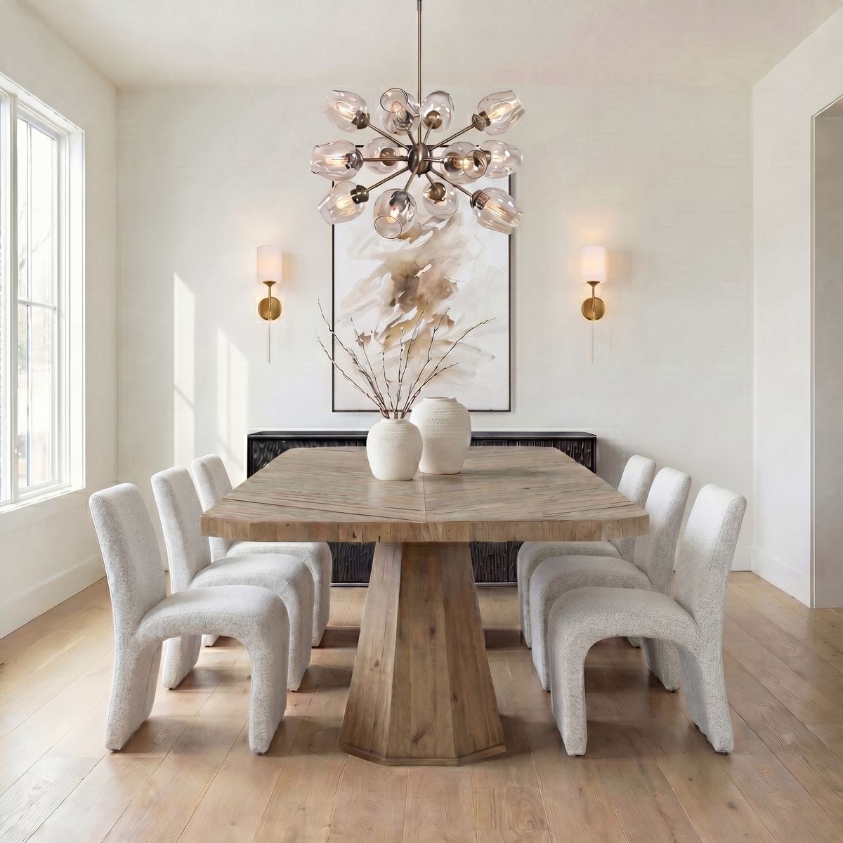 Valentin Beige Boucle Sculptural Dining Chair styled in a room setting