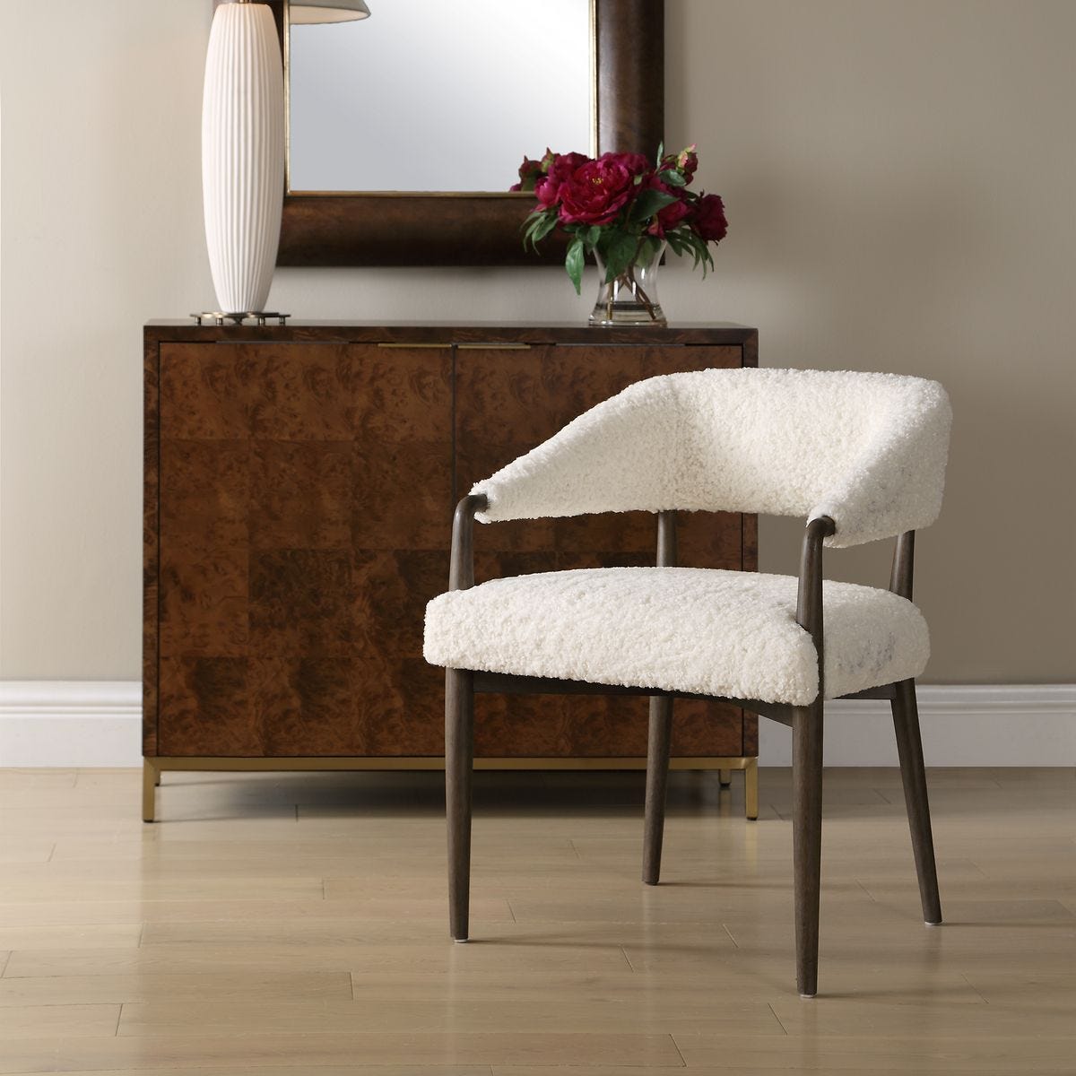 Side view of the Austell Dark Walnut Faux Shearling Dining Chair by Uttermost