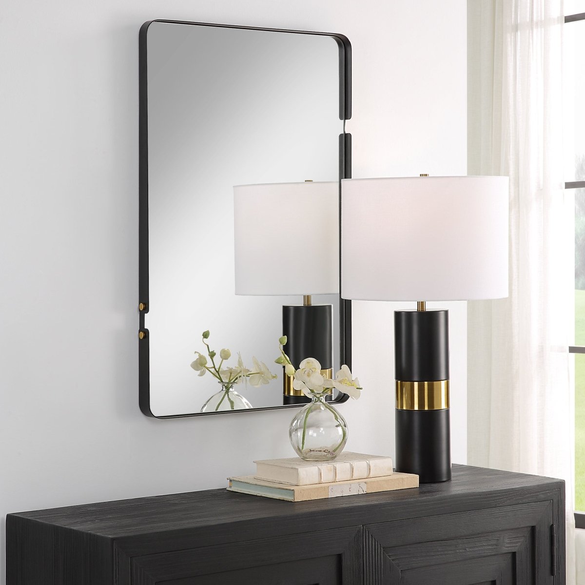 Matte Black Rounded Corner Frame with Gold Knobs Mirror - Uttermost - by Modest Hut