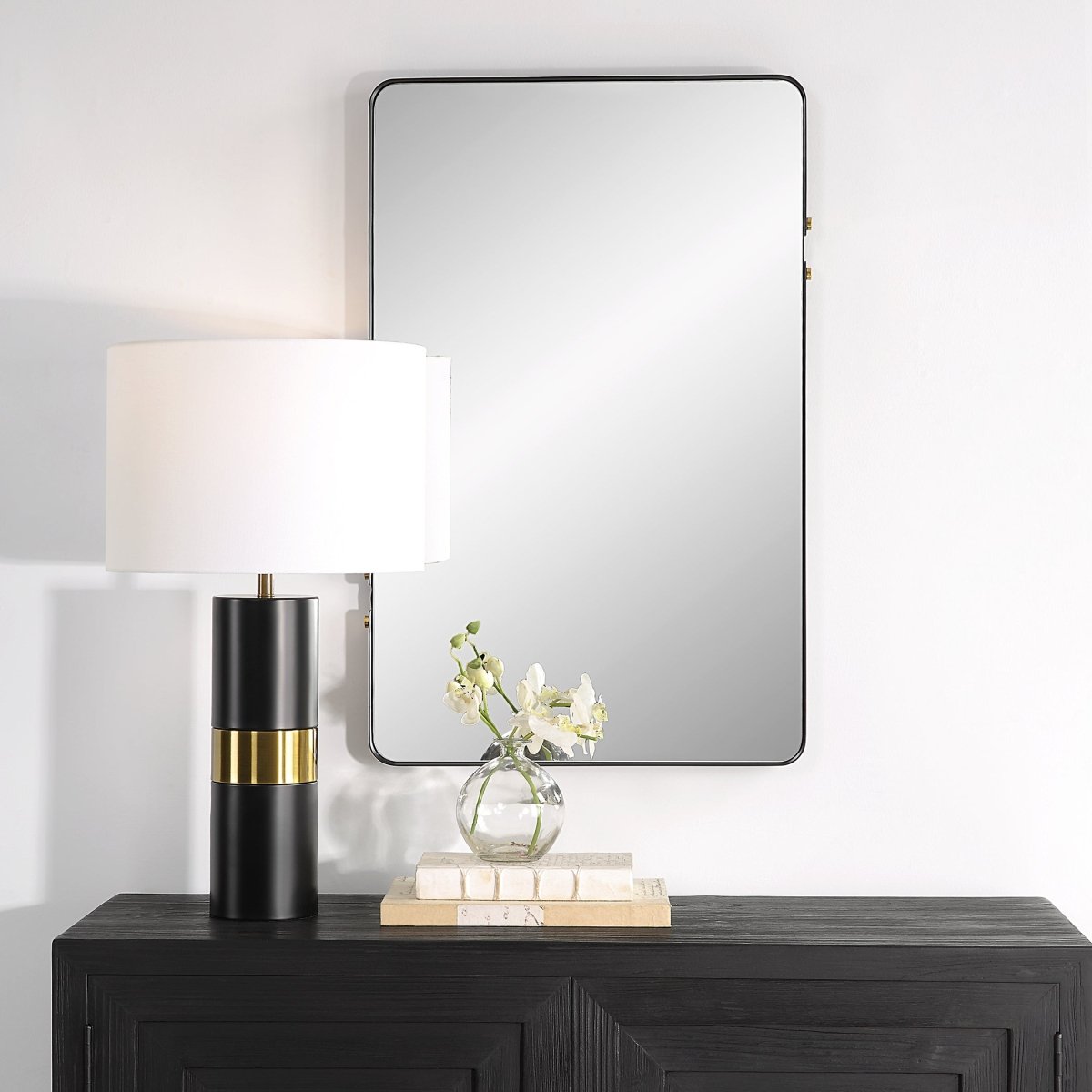 Matte Black Rounded Corner Frame with Gold Knobs Mirror - Uttermost - by Modest Hut