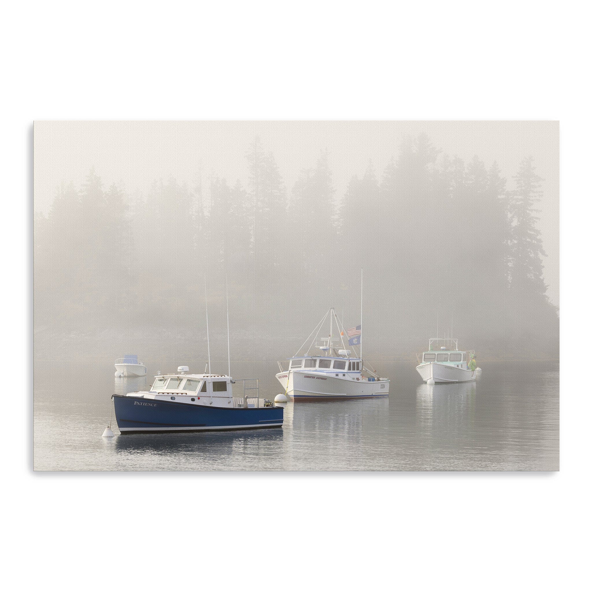 Maine Lobster Boats and Fog in Front of Island Canvas Wall Art Lumaprints