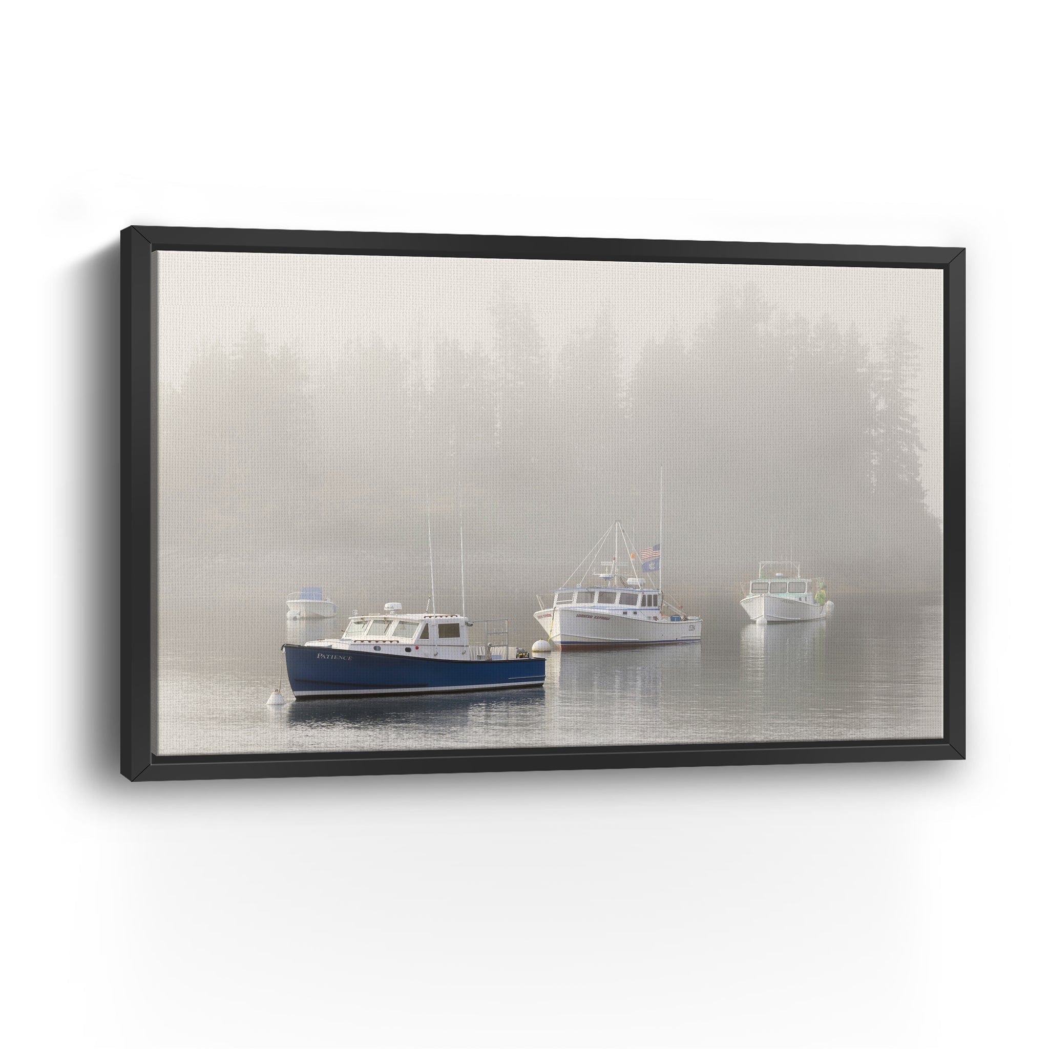 Maine Lobster Boats and Fog in Front of Island Canvas Wall Art Lumaprints